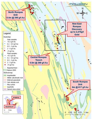 Figure 1: The Rompas and East Rompas mineralization trends. (CNW Group/Mawson Resources Ltd.)
