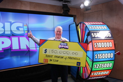 Robert Bronson of Brockville celebrates after spinning THE BIG SPIN Wheel at the OLG Prize Centre in Toronto to win $150,000. Bronson won a top prize with OLG’s INSTANT game – THE BIG SPIN. (CNW Group/OLG Winners)