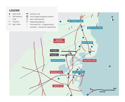 Figure 1. Bedrock geology of the Keeley-Frontier-Bellellen mines in Cobalt South area. (CNW Group/First Cobalt Corp.)