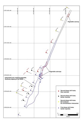 Figure 1: Location of Drilling and Interpreted Trend of Lithium-Bearing Pegmatite, Bergby Project. Grid presented in SWEREF coordinate system (CNW Group/Leading Edge Materials)