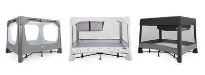 4moms expands playard portfolio with the launch of the breeze plus (right) and new breeze classic (center). Like the existing breeze GO (left), set up is easy with one-push open and one-pull close.