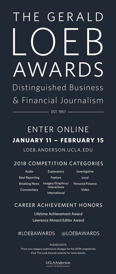 The Gerald Loeb Awards open the 2018 Call for Entries to recognize the best in business journalism. http://bit.ly/loeb2018