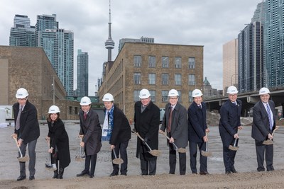 Sugar Wharf ground break photo left to right: Menkes President Low-Rise Residential Division Steven Menkes, Ward 28 Councillor Lucy Troisi, Menkes President High-Rise Residential Division Alan Menkes, Toronto Mayor John Tory, Ontario MPP and Finance Minister Charles Sousa, LCBO President & CEO George Soleas, Menkes President, Commercial/Industrial Division, Peter Menkes, Greystone Managed Investments Managing Director and CIO Ted Welter, Triovest CEO Vince Brown (CNW Group/Menkes Developments Ltd.)