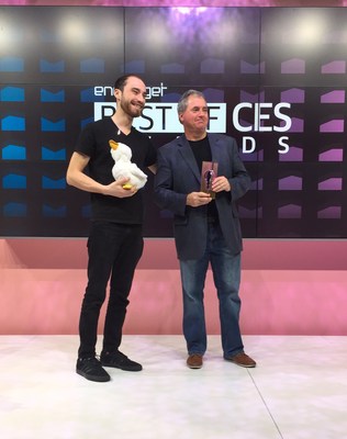 Aaron Horowitz, CEO and co-founder of Sproutel, and Jon Sullivan, director of Corporate Communications at Aflac, accept the Best of CES 2018 Award for Best Unexpected Product for My Special Aflac Duck on Thursday, Jan. 11 in Las Vegas.