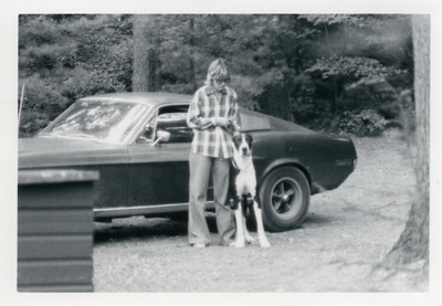 Sean's mom, Robbie Kiernan with family dog, Gatsby, alongside her daily driver in 1977. Courtesy of the Kiernan family