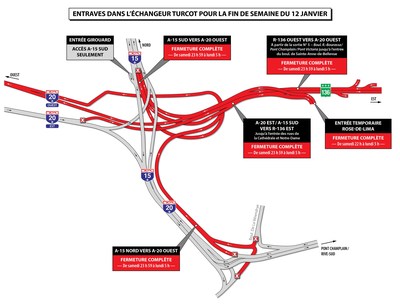 Fermetures Turcot durant la fin de semaine du 12 janvier 2018 (Groupe CNW/Ministère des Transports, de la Mobilité durable et de l'Électrification des transports)