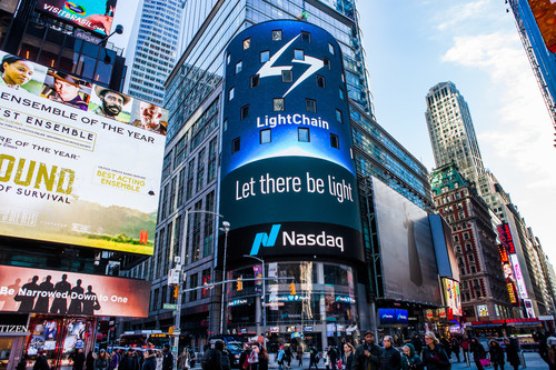 LightChain appearing on the Nasdaq jumbotron in Times Square