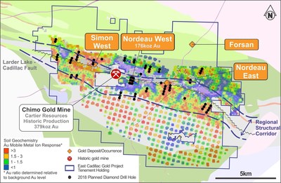 Figure 1- Project location map including the new 2018 drilling targets and 2017 MMI geochemistry (CNW Group/Chalice Gold Mines Limited)