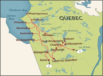 ECN Fibre Crosses the North: Eeyou Istchee/James Bay Region of Quebec - Map of the 3,500Km Eeyou Communications Fibre Network (CNW Group/Distributel Communications Limited)