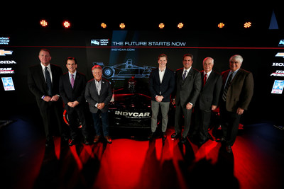 INDYCAR unveiled the new 2018 Verizon IndyCar Series race car at NAIAS in Detroit with  the help of (left to right) INDYCAR executive Jay Frye, Henio Arcangeli Jr. of American Honda, legendary Indy car driver Mario Andretti, 2017 Verizon IndyCar Series champion Josef Newgarden, Mark Reuss from General Motors, legendary team owner Roger Penske, and INDYCAR executive Mark Miles.