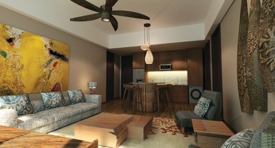 Living and dining area for one- and two-bedroom apartments at the all-new Marriott's Bali Nusa Dua Gardens on the island of Bali. Photo courtesy Marriott Vacation Club.