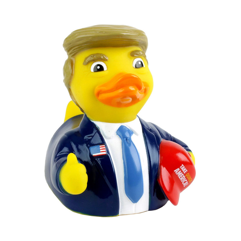 Trump rubber duck holding his "Take Quack America" hat. Trump ducks outsell all other rubber ducks at Essex Duck (essexduck.com).