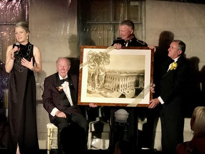 The California Historical Society celebrates The Honorable George P. Shultz during a Gala at the historic Old U.S. Mint in San Francisco.  Executive Director Anthea Hartig presents a beautifully framed photograph of the U.S. Mint under construction in 1873 to Shultz for his leadership in preserving the Old Mint from sale and destruction.  Pictured L to R:  Hartig, Shultz, Colonel Timothy G. Burton, US  Marine Corps; Michael Sangiacomo, president, Board of Trustees, California Historical Society.