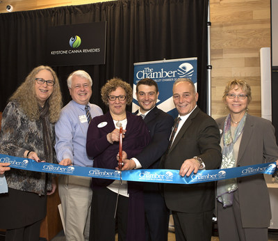 Keystone Canna Remedies Ribbon-Cutting Ceremony for PA's first Medical Marijuana Dispensary. Left to right: Dr, Rachel Levin, PA Physician General and Acting Sec. PA Dept. of Health; State Rep. Steve Samuelson; Joan Guadagnino, Chief Operating Officer, Keystone Canna Remedies; Victor Guadagnino, Chief Business Development Officer Keystone Canna Remedies; Victor Guadagnino, M.D., Chief Medical Officer, Keystone Canna Remedies, Patricia Gregory, V.P. and General Counsel, Keystone Canna Remedies