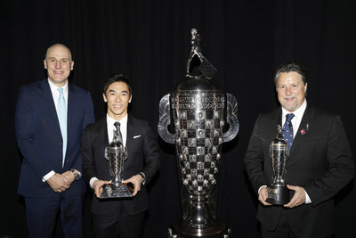 From left to right: BorgWarner President and Chief Executive Officer James Verrier presented 2017 Indianapolis 500 winner Takuma Sato with a BorgWarner Championship Driver's Trophy™ and team owner Michael Andretti with a BorgWarner Championship Team Owner's Trophy™.
