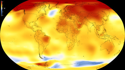 This map shows Earth's average global temperature from 2013 to 2017, as compared to a baseline average from 1951 to 1980, according to an analysis by NASA's Goddard Institute for Space Studies. Yellows, oranges, and reds show regions warmer than the baseline. Credits: NASA's Scientific Visualization Studio