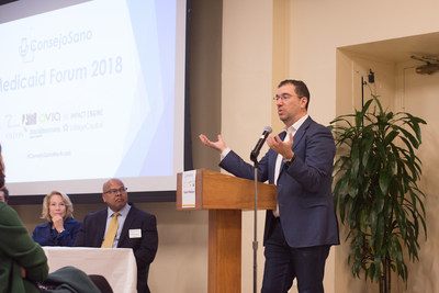 Former Obama administration CMS Administrator Andy Slavitt delivers keynote remarks at The Future of Medicaid Forum at JP Morgan. Dr. Molly Joel Coye (moderator) and Abner Mason (CEO, ConsejoSano) look on.