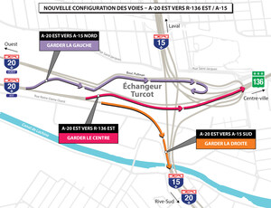 Projet Turcot - Nouvelle configuration des accès de l'autoroute 20 est vers le centre-ville et l'autoroute 15 nord