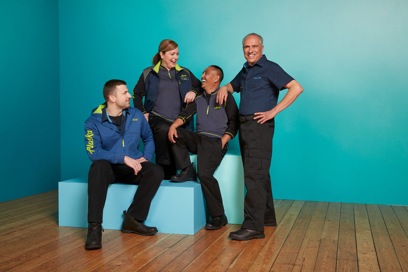 Alaska Airlines, Virgin America and Horizon Air ground and maintenance workers show off the new uniform collection featuring several layered mix-and-match pieces making it flexible for employees who work in different climates.