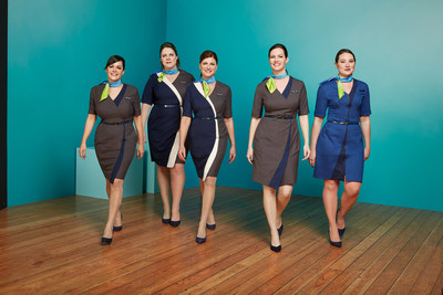 Alaska Airlines, Horizon Air and Virgin America flight attendants model various styles being tested over the next 60 days. The flight attendant dresses feature asymmetrical hemlines, pops of color and custom-branded reversible belts.  The dresses are complemented by an original Luly Yang Aura scarf.