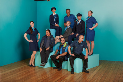 Employees from Alaska Airlines' regional partner Horizon Air show off the range of new uniform pieces. The Horizon collection complements Alaska Airlines' uniform collection and includes signature wings and Horizon's logo.