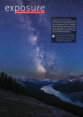 The Milky Way meets the Spray Lakes Reservoir south of Canmore in Spray Valley Provincial Park, Alta. Beneath the slopes of Windtower Mountain runs the High Rockies Trail, a section of The Great Trail that follows the reservoir and heads south to the British Columbia border. (CNW Group/Royal Canadian Geographical Society)
