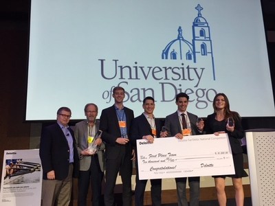 (From L to R) Deloitte's Jason Hakarem with Thomas Dalton, Andrew Cole, Michael Diaz, Simon Finnie and Barbara Machado from the University of San Diego won Deloitte's 17th annual FanTAXtic business case competition.