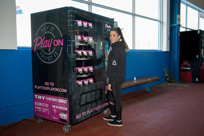 Playtex Sport and Aly Raisman unveiled their first interactive vending machine installment in NYC to provide female athletes with tools to #PlayOn through their periods, while encouraging sharing of sports advice on Instagram via #PlayOn.