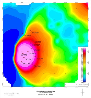 DRILLING AT SHORTY CREEK INTERCEPTS 165 METRES GRADING 0.60% CU EQUIVALENT - Map Showing Location of Drill Holes - Hill 1835 (CNW Group/Freegold Ventures Limited)