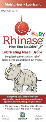 NEW BABY RHINASE LUBRICATING NASAL DROPS. For newborns/infants, use Rhinase wetting drops to move the mucus to the front of the nose, making it easier to remove with an aspirator or tissue. Daily use of Rhinase Baby drops will help keep nasal passages clean and moisturized. Other baby nasal drops that only contain one salt, Rhinase Baby drops contains dual salts to work naturally with the bodies moisturizing process and dual wetting agents to effectively moisturize and protect your little child.