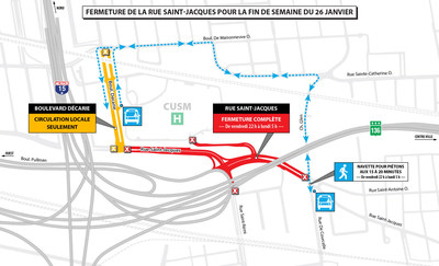Fermeture de la rue Saint-Jacques pour la fin de semaine du 26 janvier (Groupe CNW/Ministère des Transports, de la Mobilité durable et de l'Électrification des transports)