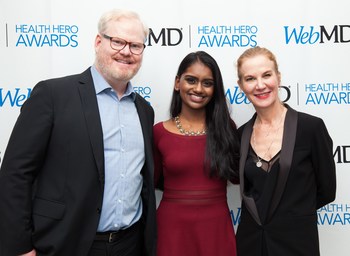 WebMD Health Hero Award presenter Jim Gaffigan, WebMD Health Hero Inventor Award recipient Kavya Kopparapu and WebMD Health Hero Award presenter Jeannie Gaffigan attend the WebMD Health Hero Awards on January 22, 2018 in New York City