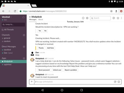 Screenshot of IT Help Desk Chatbot being used from Slack