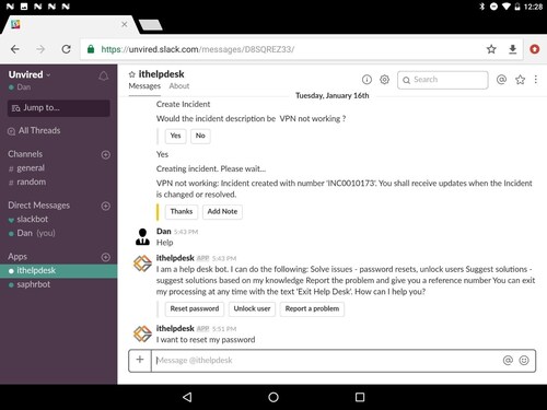 Screenshot of IT Help Desk Chatbot being used from Slack