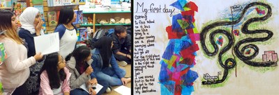 With an EJK Mini-Grant, teachers from M.S. 88, in Brooklyn, New York, bought art supplies for seventh-graders to illustrate original poems about their community. “My First Day” (right) was created by a student from Bangladesh who has lived in America for a short time. Student poets (left) listen to classmates read their poems at a bookstore, where they received certificates of commendation from the EJK Foundation. (PRNewsfoto/Ezra Jack Keats Foundation)