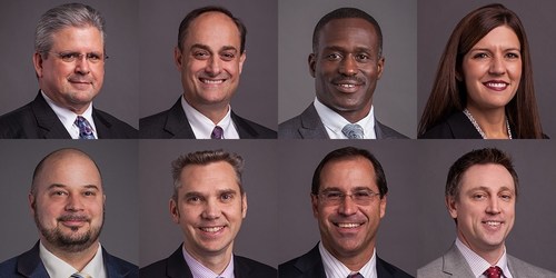 Burns & McDonnell 2018 executive leadership promotions are (top row, left to right) Randy Griffin, Bob Reymond, Oko Buckle, Renee Gartelos and (bottom row, left to right) Joe Podrebarac, Joel DeBoer, Rick Halil and Matt Ralston.