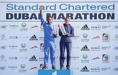 Ethiopia’s Mosinet Geremew and Roza Dereje smash the course records and take the titles at the Standard Chartered Dubai Marathon, the world’s richest marathon. (PRNewsfoto/Dubai Marathon)