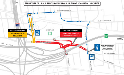 Fermeture de la rue Saint-Jacques pour la fin de semaine du 2 février, 2018 (Groupe CNW/Ministère des Transports, de la Mobilité durable et de l'Électrification des transports)