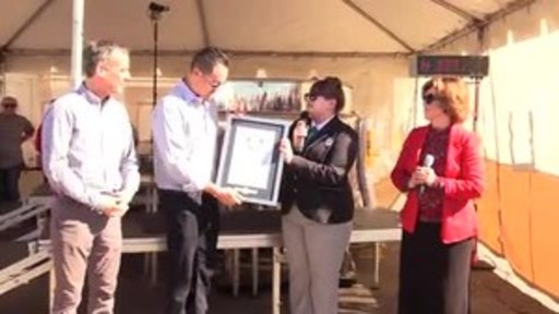 Juanita’s Foods' CEO, Aaron De La Torre, together with Los Angeles Mayor Eric Garcetti, and Mexican actress Angélica María, receives a GUINNESS WORLD RECORDS™ certificate for the Largest menudo soup at an event celebrating National Menudo Month in Wilmington, Calif., Jan. 28, 2018.
