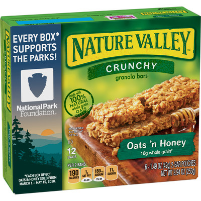 For every 6-count box of Nature Valley Oats & Honey purchased between March 1 and May 15, 2018, Nature Valley will donate $0.10 to the National Park Foundation, up to $750,000.