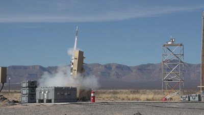 A Lockheed Martin Miniature Hit-to-Kill missile streaks skyward during a test flight at White Sands Missile Range, New Mexico, on Jan. 26, 2018.