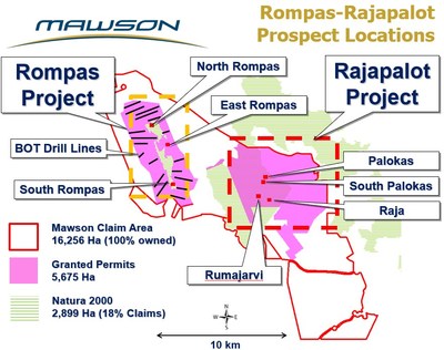 Figure 1: Location of diamond and base-of-till drill prospects at the Rompas-Rajapalot Project in Finland (CNW Group/Mawson Resources Ltd.)
