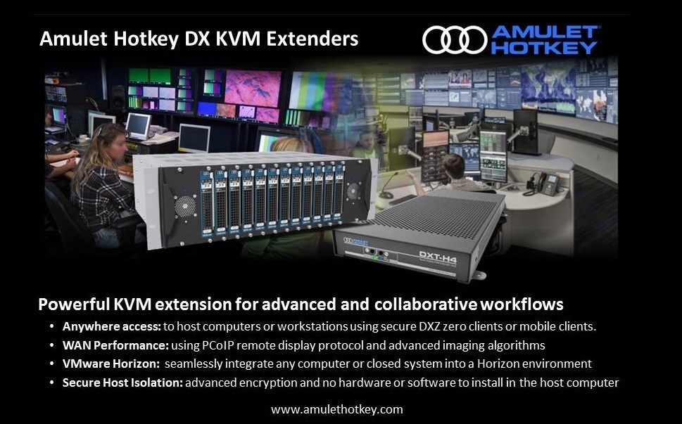 Powerful KVM Extenders that break the distance barrier. Enterprise and Government organizations can benefit from un-paralleled mobility and performance using standard LAN or WAN IP networks to boost flexibility, productivity and team collaboration. Anywhere access, mobile client and secure zero client support. Built-in VMware Horizon support to integrate any workstation or computer system into a Horizon environment. (CNW Group/Amulet Hotkey Ltd.)
