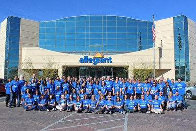 Clark County Commission Chairman Steve Sisolak meets Allegiant team members at the company's headquarters in Las Vegas. Sisolak accepted a company donation on behalf of the Las Vegas Victims' Fund.