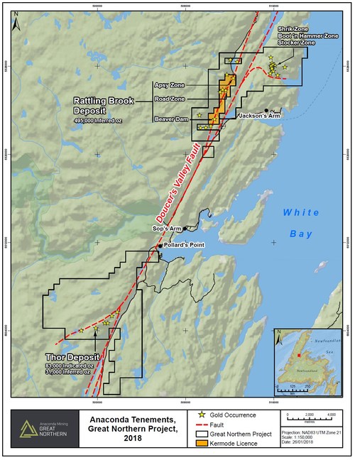 Annexe A : carte montrant l’emplacement du permis minier acquis de Kermode et les gisements dans le cadre du projet Great Northern (Groupe CNW/Anaconda Mining Inc.)