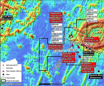 Image 1. Segala West property map showing drill results, artisanal sites and rock samples >5g/t au (CNW Group/Desert Gold Ventures Inc.)