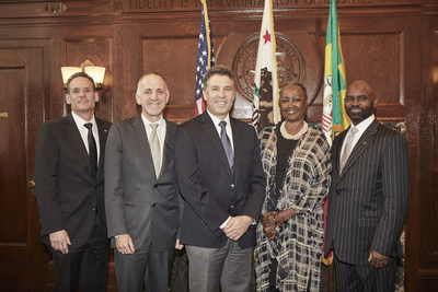 CIT's Steve Solk, Aaron Wade and Byron Reed pictured with HCIDLA general manager Rushmore Cervantes and L.A.'s deputy mayor for economic opportunity Brenda Shockley.