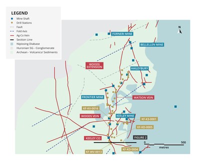 Figure 1. Bedrock geology and location of drilling stations in the 2017 drilling program. Silver-cobalt veins shown are compiled from historic maps and locations shown not be considered exact. (CNW Group/First Cobalt Corp.)