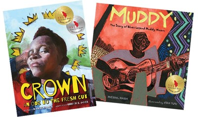 The 2018 Ezra Jack Keats Book Award winner for writer is Derrick Barnes, for Crown: An Ode to the Fresh Cut (left; published by Agate Bolden/Denene Millner Books). The winner for illustration is Evan Turk, for Muddy: The Story of Blues Legend Muddy Waters (right; published by Atheneum Books for Young Readers). The EJK Book Award recognizes talented authors and illustrators early in their careers whose picture books, in the spirit of Keats, portray the multicultural nature of our world.