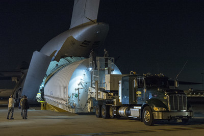 The Space Telescope Transporter for Air, Road and Sea (STTARS), a specially designed shipping container that held the optical telescope and integrated science instrument module of NASA’s James Webb Space Telescope, is unloaded from a U.S. military C-5 Charlie aircraft at Los Angeles International Airport on Feb. 2, 2018. Credit: NASA/Chris Gunn